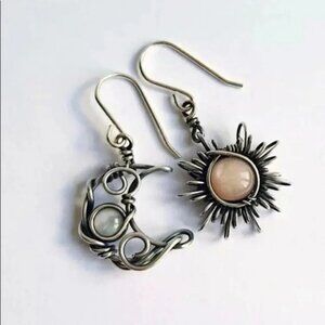 925 Silver Vintage Boho Sun & Moon Drop Earrings